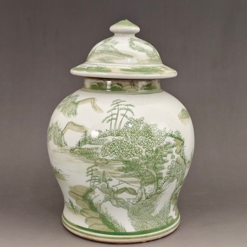 Green & White Chinese Landscape Porcelain Ginger Jar, Lidded Temple Jar for Home Decor (2)