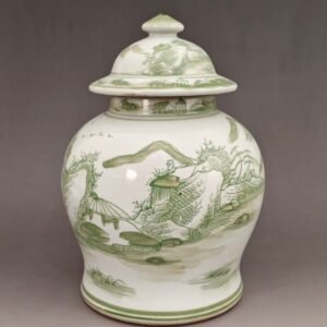 Green & White Chinese Landscape Porcelain Ginger Jar, Lidded Temple Jar for Home Decor (3)