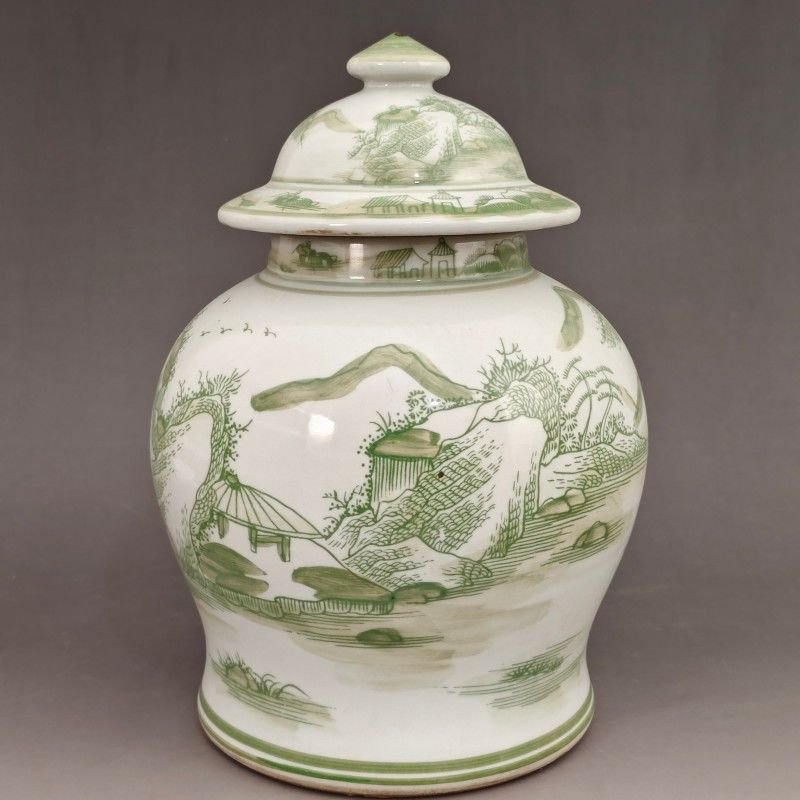 Green & White Chinese Landscape Porcelain Ginger Jar, Lidded Temple Jar for Home Decor (3) Green & White Chinese Landscape Porcelain Ginger Jar, Lidded Temple Jar for Home Decor (3)