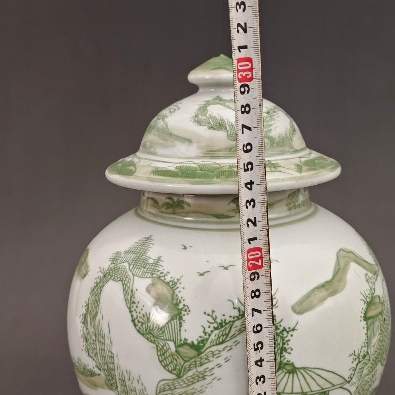 Green & White Chinese Landscape Porcelain Ginger Jar, Lidded Temple Jar for Home Decor (7)