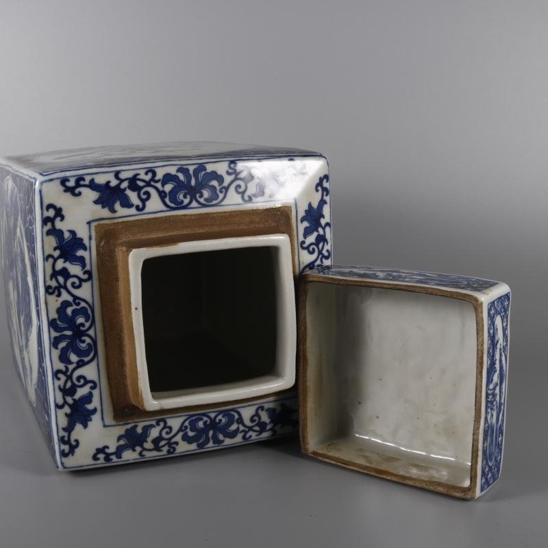 Hand Painted Blue & White Square Ginger Jar with Landscape & Floral Panels (1)