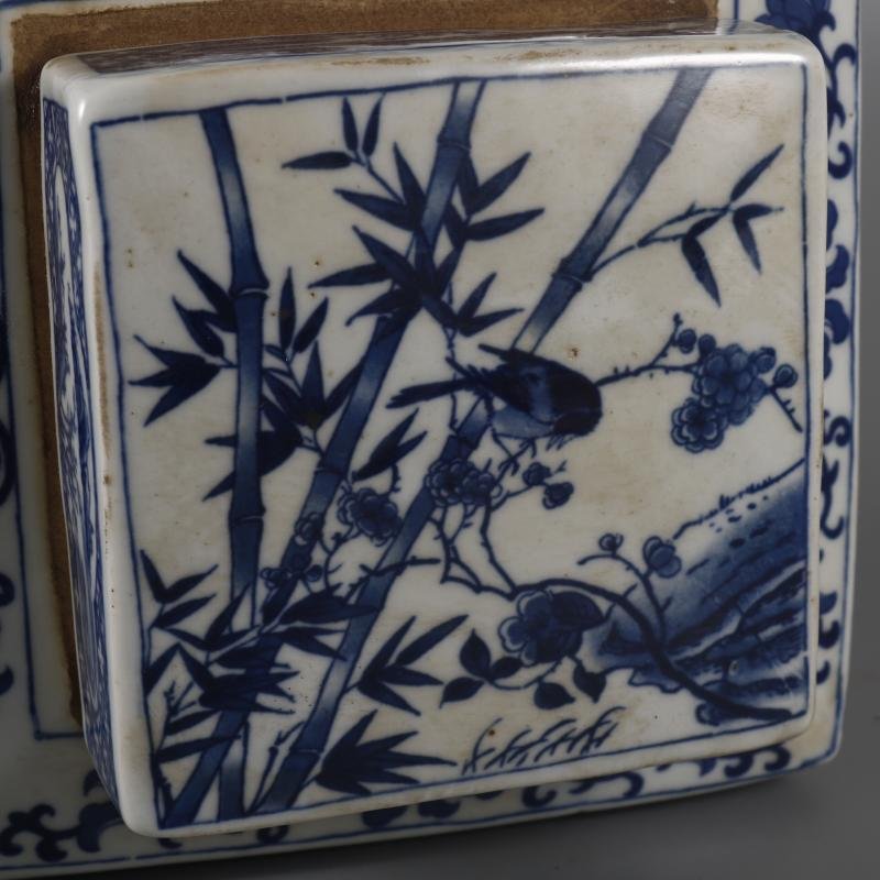 Hand Painted Blue & White Square Ginger Jar with Landscape & Floral Panels (4)