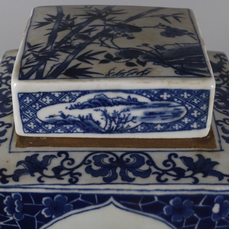 Hand Painted Blue & White Square Ginger Jar with Landscape & Floral Panels (5)