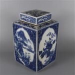 Hand Painted Blue & White Square Ginger Jar with Landscape & Floral Panels (7)