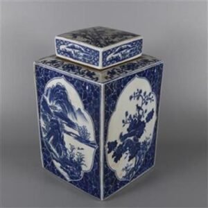 Hand Painted Blue & White Square Ginger Jar with Landscape & Floral Panels (7)