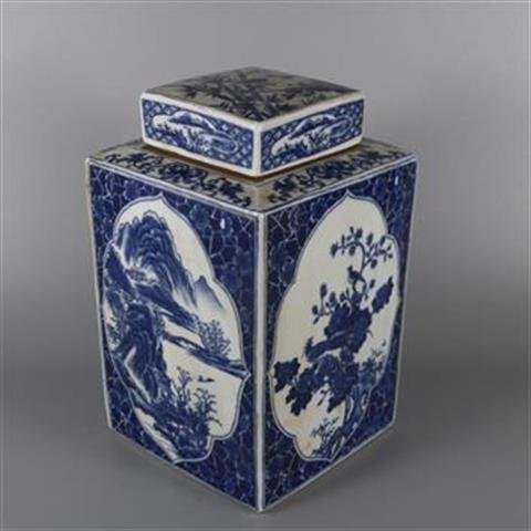 Hand Painted Blue & White Square Ginger Jar with Landscape & Floral Panels (7)