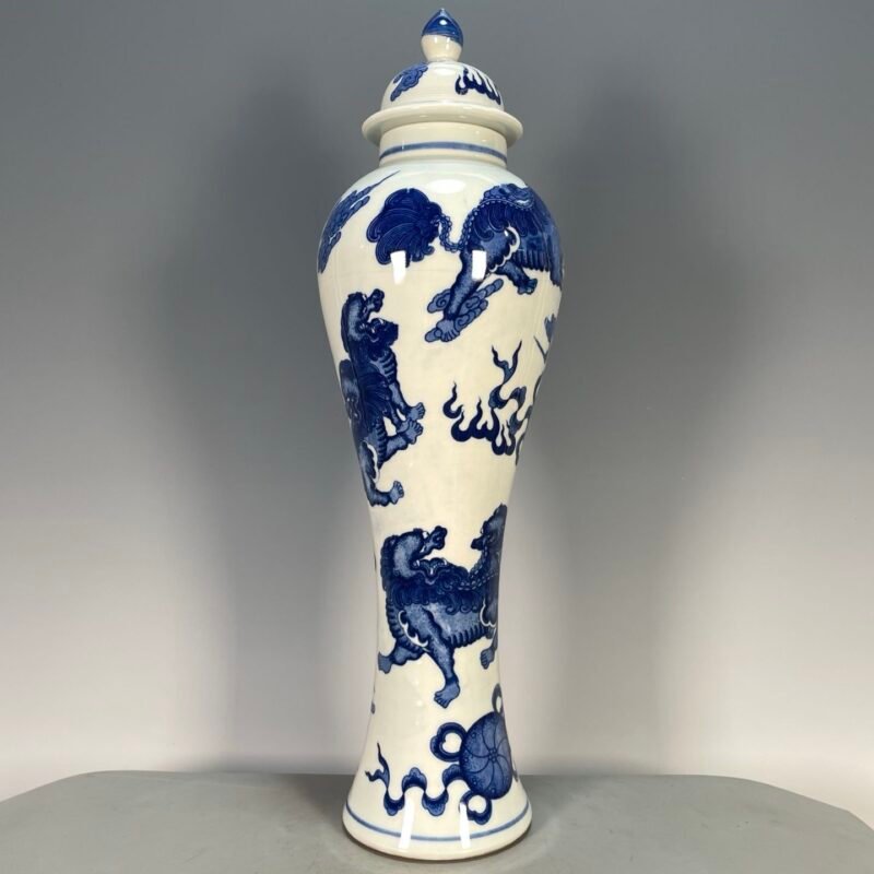 Hand Painted Blue and White Porcelain Tall Ginger Jar with Lid (8)