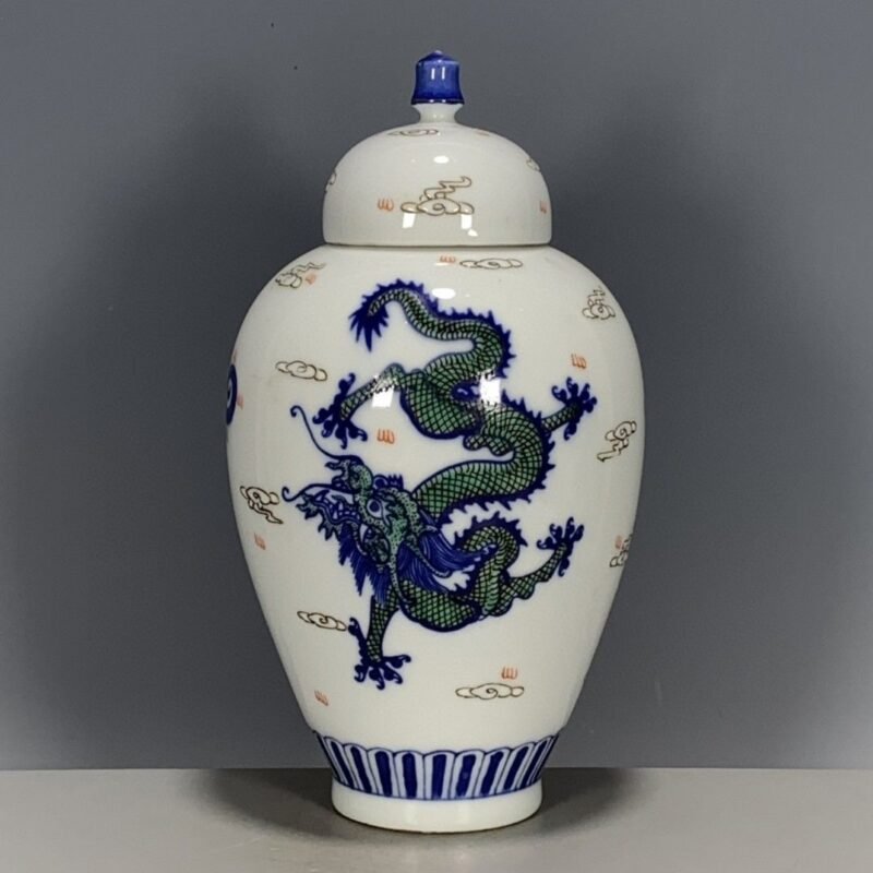 Hand Painted Green Dragon Ginger Jar with Lid (1)