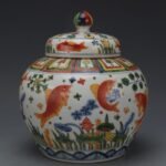 Koi Fish & Lotus Porcelain Ginger Jar with Lid, Chinese Chinoiserie Colorful Fish Grass Decorative Storage Jar (5)