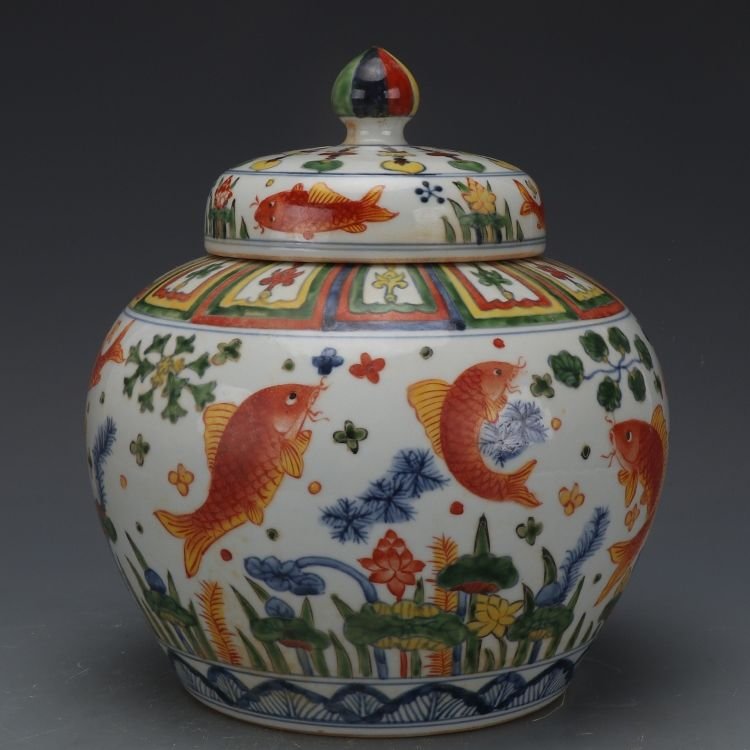 Koi Fish & Lotus Porcelain Ginger Jar with Lid, Chinese Chinoiserie Colorful Fish Grass Decorative Storage Jar (5) Koi Fish & Lotus Porcelain Ginger Jar with Lid, Chinese Chinoiserie Colorful Fish Grass Decorative Storage Jar (5)