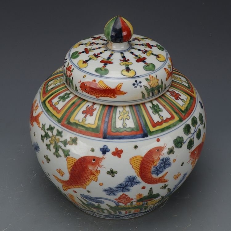 Koi Fish & Lotus Porcelain Ginger Jar with Lid, Chinese Chinoiserie Colorful Fish Grass Decorative Storage Jar (6)