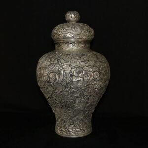 Large Antique Silver-Plated Ginger Jar - 2413g Heavy Copper High Relief Dragon Vase - 29cm