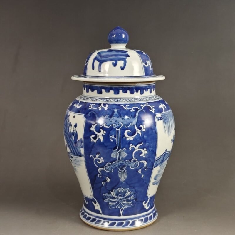Large Blue & White Ginger Jar Chinese Figural Story Porcelain Temple Jar (1)