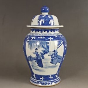Large Blue & White Ginger Jar Chinese Figural Story Porcelain Temple Jar (2)