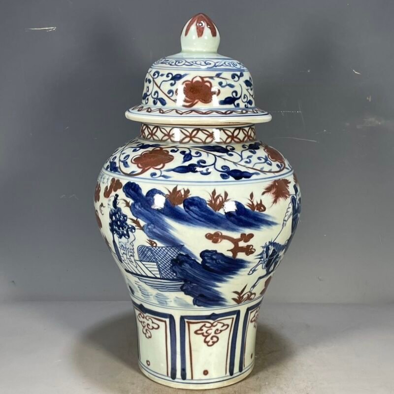 Large Blue and White Copper Red Ginger Jar 15.7 Figure Chinoiserie Urn (4)