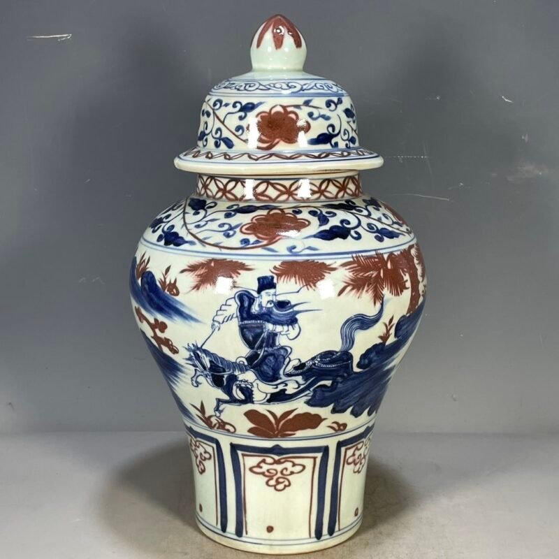 Large Blue and White Copper Red Ginger Jar 15.7 Figure Chinoiserie Urn (5)