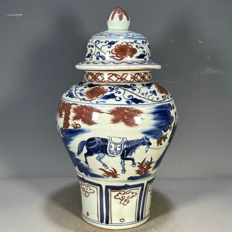 Large Blue and White Copper Red Ginger Jar 15.7 Figure Chinoiserie Urn (6)