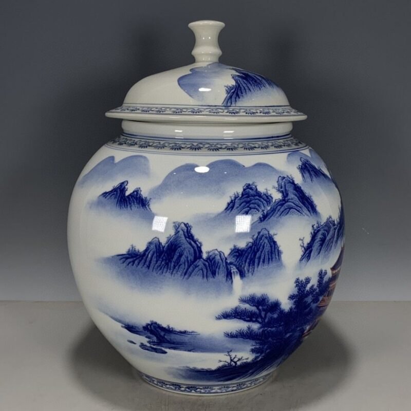 Large Blue and White Porcelain Ginger Jar with Lid (3)