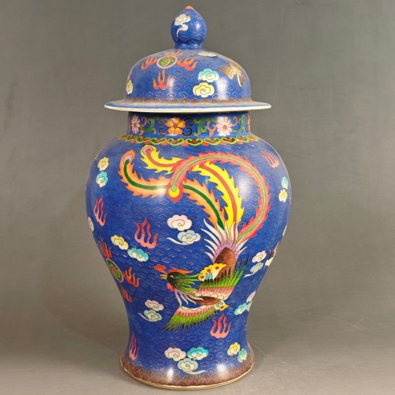 Large Chinese Blue Enamel Ginger Jar Antique Porcelain Vase with Phoenix & Dragon (2)