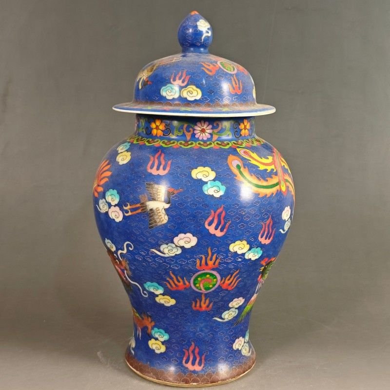 Large Chinese Blue Enamel Ginger Jar Antique Porcelain Vase with Phoenix & Dragon (5)