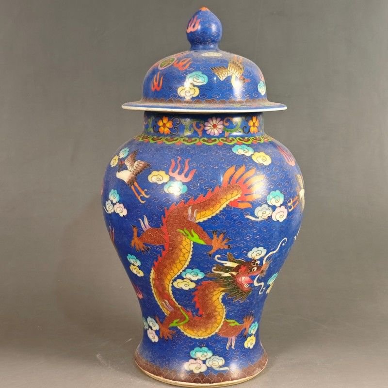 Large Chinese Blue Enamel Ginger Jar Antique Porcelain Vase with Phoenix & Dragon (6)
