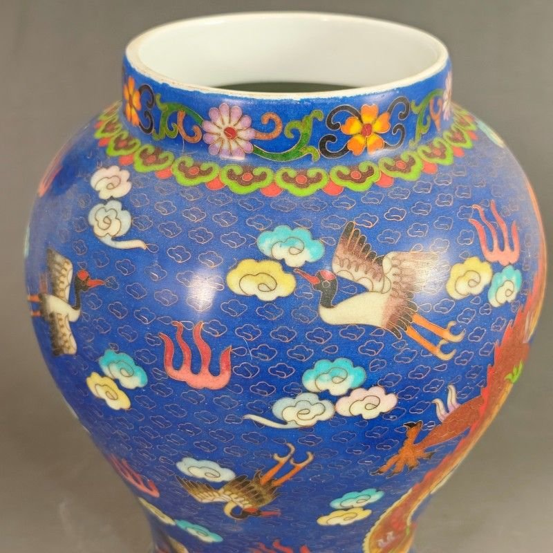 Large Chinese Blue Enamel Ginger Jar Antique Porcelain Vase with Phoenix & Dragon (9)