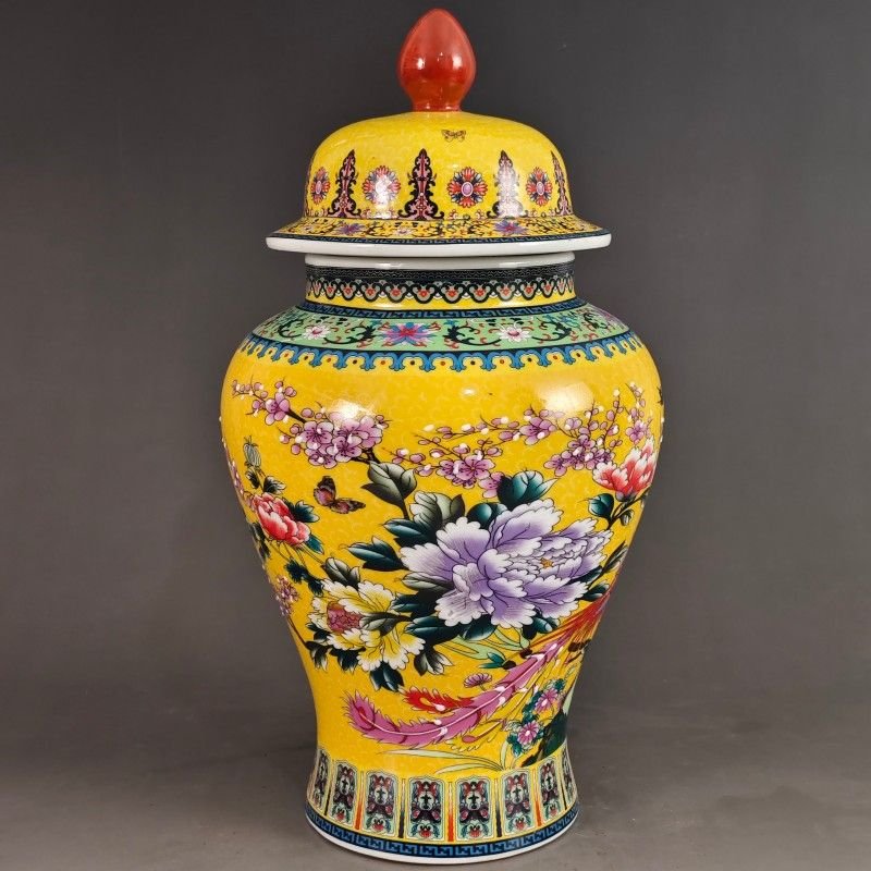 Large Yellow Ground Famille Rose Ginger Jar – Hand-Painted Floral & Bird Motif (2) Large Yellow Ground Famille Rose Ginger Jar – Hand Painted Floral & Bird Motif (2)