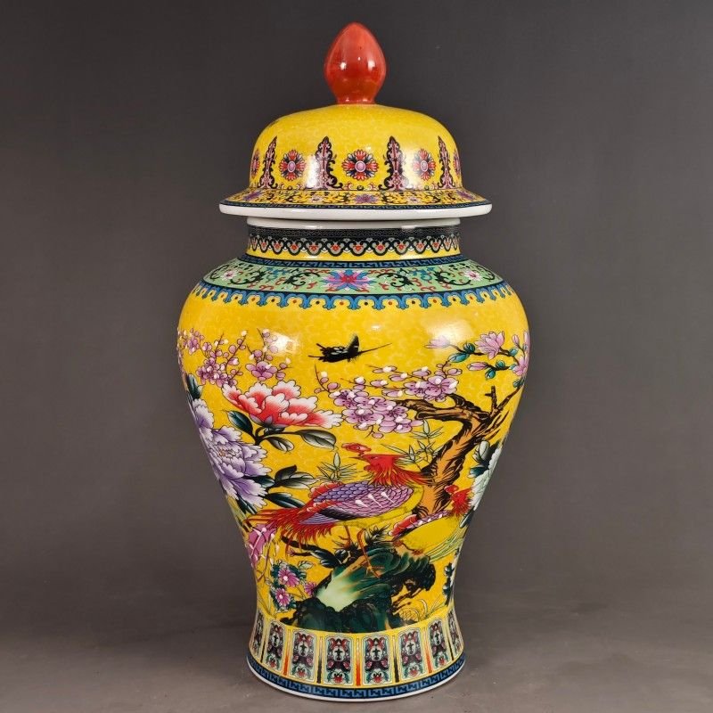 Large Yellow Ground Famille Rose Ginger Jar – Hand Painted Floral & Bird Motif (8)