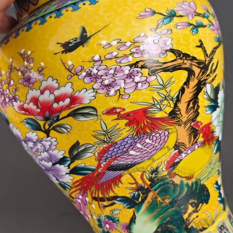 Large Yellow Ground Famille Rose Ginger Jar – Hand Painted Floral & Bird Motif (9)