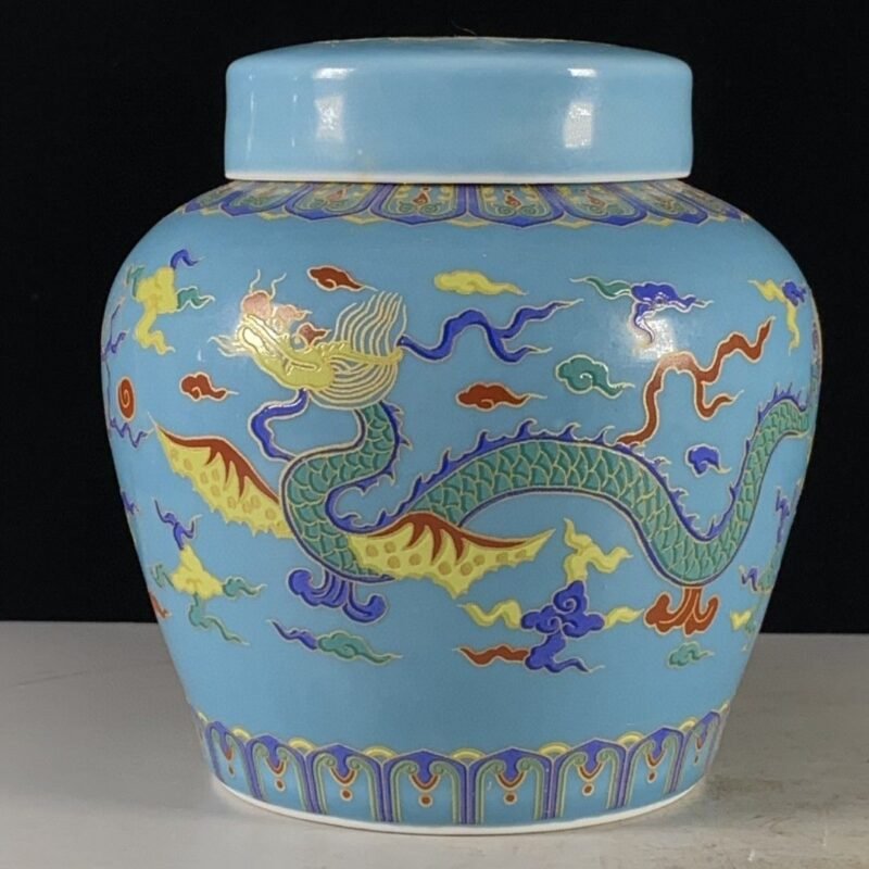 Light Blue Enamel Dragon Chinoiserie Ginger Jar (2)