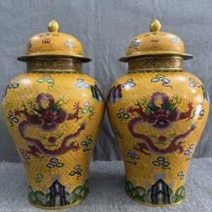 Massive Imperial Yellow Cloisonné Enamel Ginger Jars - Pair of 5-Claw Golden Dragon Vases - 50cm, 15.9kg