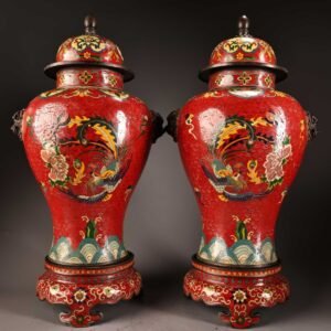 Monumental Chinese Cloisonné Enamel Red Ginger Jars - Pair of 7kg High-Relief Dragon Vases - 51cm Museum Quality