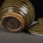 Olive Green Ribbed Ceramic Jar 15cm Rustic Pottery Canister (1)