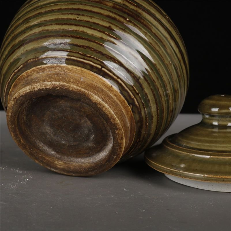 Olive Green Ribbed Ceramic Jar 15cm Rustic Pottery Canister (1)
