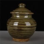 Olive Green Ribbed Ceramic Jar 15cm Rustic Pottery Canister (2)