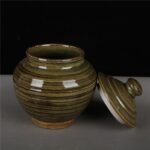 Olive Green Ribbed Ceramic Jar 15cm Rustic Pottery Canister (3)