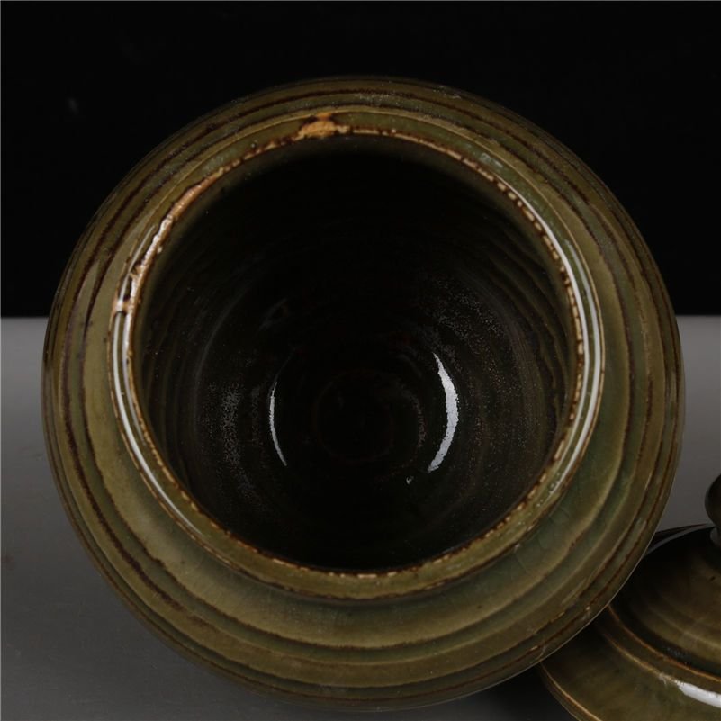 Olive Green Ribbed Ceramic Jar 15cm Rustic Pottery Canister (4)