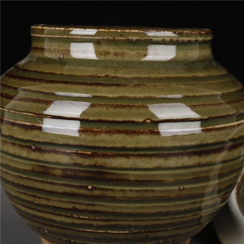Olive Green Ribbed Ceramic Jar 15cm Rustic Pottery Canister (5)