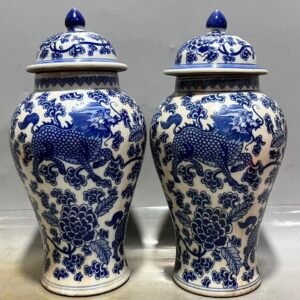 Pair of Blue and White Porcelain Ginger Jars | Qilin Motif | 12.6" Tall General Jars