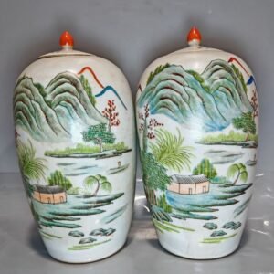 Famille Rose Landscape Porcelain Lidded Jar Pair, Hand Painted Mountain River Scenery Chinese Ginger Jars