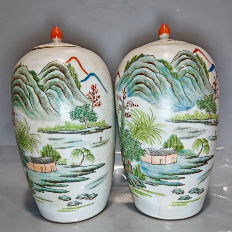 Pair of Famille Rose Landscape Ginger Jars (8)