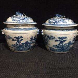 Pair of Antique Blue & White Landscape Ginger Jars - 9" Hand-Painted Porcelain with Foo Dog Finials