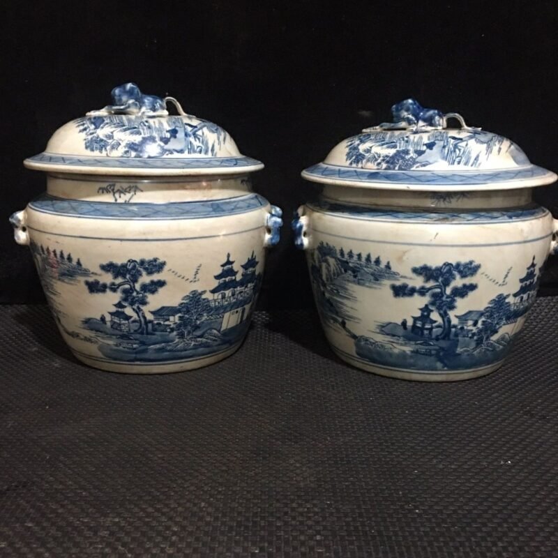 Pair of Large Antique Blue & White Landscape Ginger Jars - 9 Hand-Painted Porcelain with Foo Dog Finials (3)