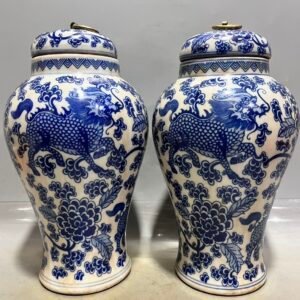 Pair of Large Blue & White Porcelain Ginger Jars - 10.6" Hand-Painted Qilin Motif with Brass Ring Lids | Chinoiserie Tea Caddies & Statement Decor