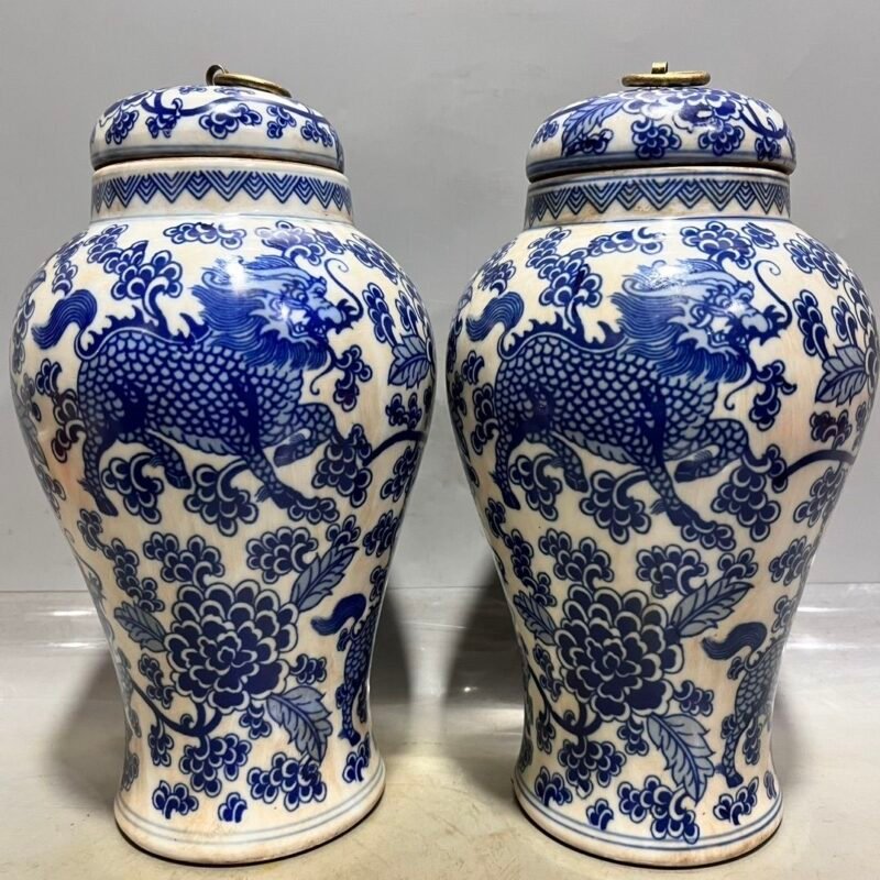 Pair of Large Blue & White Porcelain Ginger Jars - 10.6 Hand-Painted Qilin Motif with Brass Ring Lids (2)