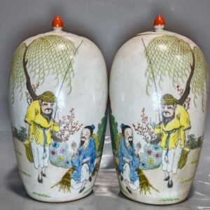 Pair of  Medium Famille Rose Porcelain Ginger Jars - 9.4" Hand-Painted Figural Pastoral Scene | Chinoiserie Tea Caddies & Oriental Home Decor