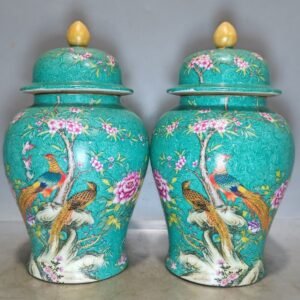 Pair of Turquoise Green Famille Rose Ginger Jars - 10.2" Hand-Painted Bird & Peony Motif