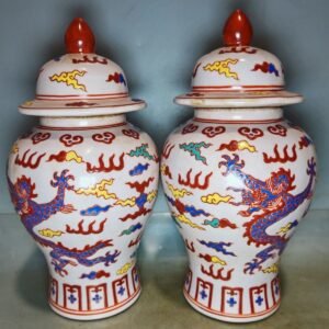Pair of Vibrant Dragon Motif Porcelain Ginger Jars - 9.4" Hand-Painted Chinese Tea Caddies