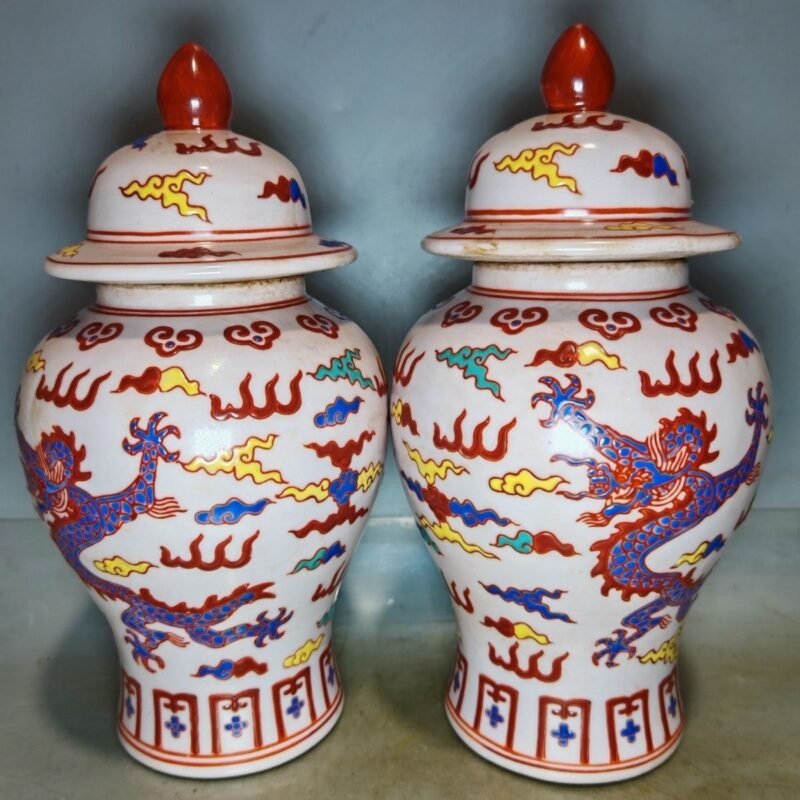 Pair of Vibrant Dragon Motif Porcelain Ginger Jars - 9.4 Hand-Painted Chinese Tea Caddies (1)