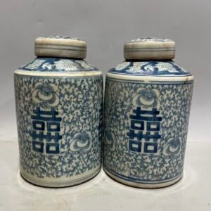 Pair of Vintage Blue & White Double Happiness Ginger Jars - 7.5" Hand-Painted Chinese Porcelain Tea Caddies | Wedding Gift & Chinoiserie Decor